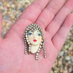Vintage Rhinestone Lady Face‎ Brooch Pin Art Deco Style Costume Jewelry